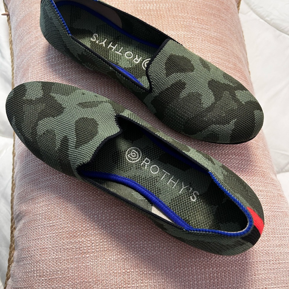 Rothy's Green and Black Camouflage Loafers